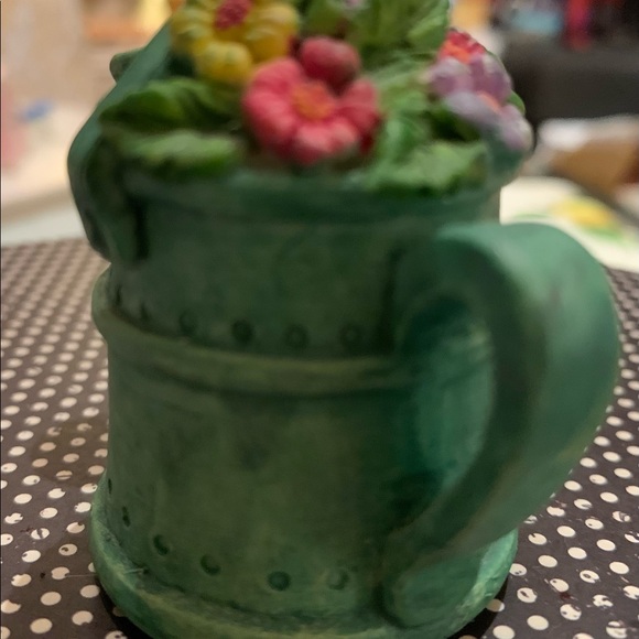 Candle Snuffer w Brass Interior Green Watering Can Topped with Flowers 2 1/2 “ - Picture 6 of 10